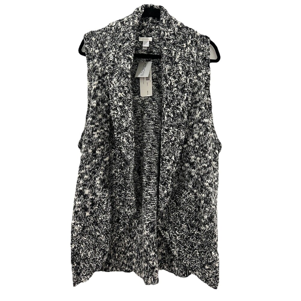 Chicos Size 3 Women XL Cardigan Vest Black White Open Front Sleeves NWT